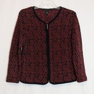 NOMADIC TRADERS Red/Black Swirls Front Zip Short Cardigan Sweater; Size L